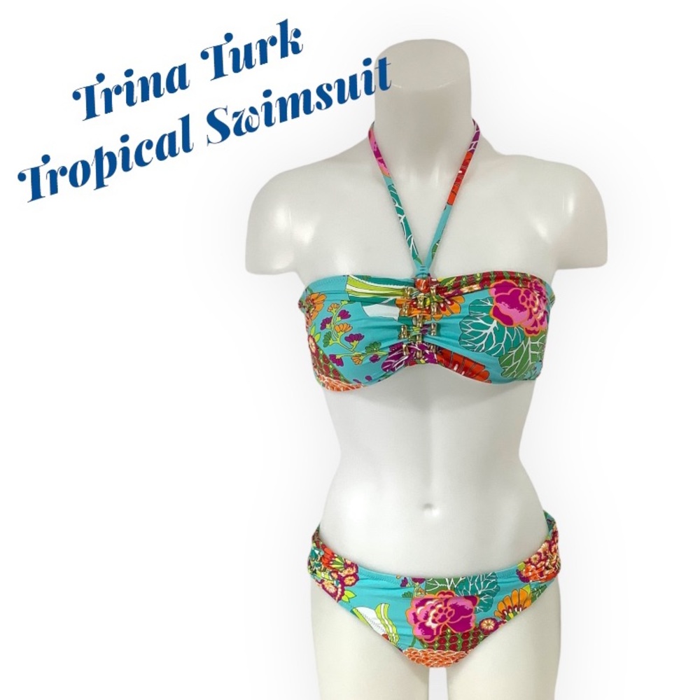 New Trina Turk Multicolored Tropical Top And Bottom Swimsuit Set Size 6 & 8